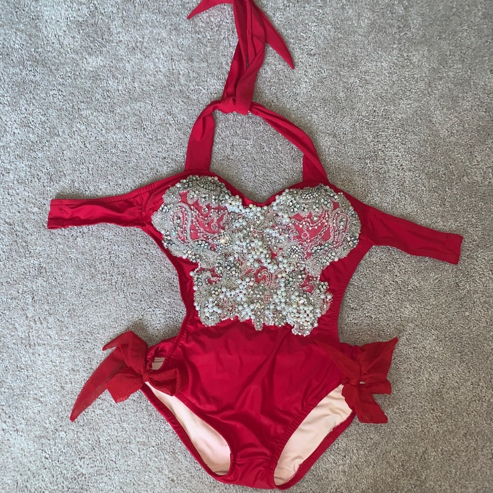 Red rhinestone one piece bathing suit